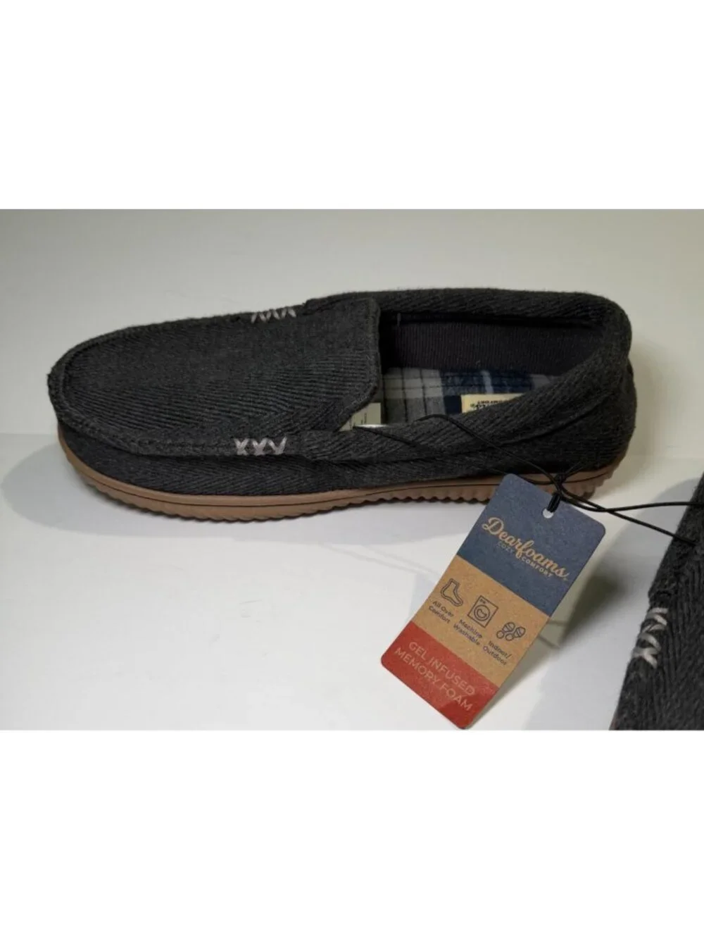 Dearfoams Mens Moccasin Slippers Size S 7-8 Gray Herringbone Memory Foam NWT